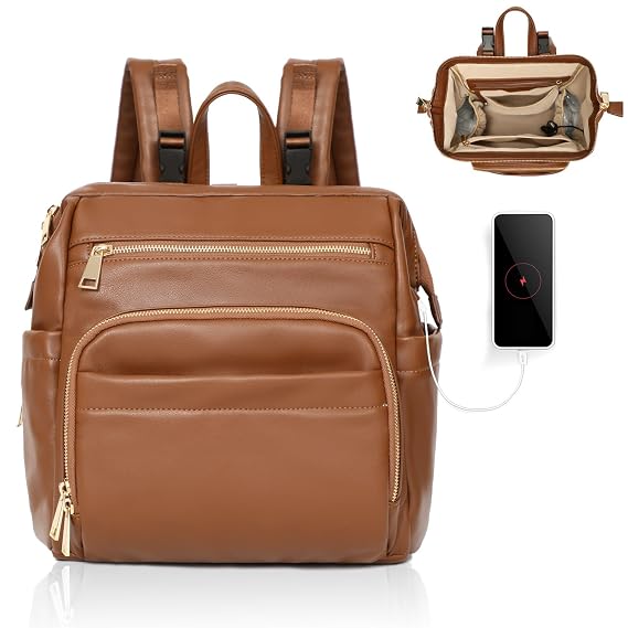 Omanmoli Small Diaper Bag Mini Diaper Bag Backpack Leather Diaper Bag With 12 Pockets Baby Travel Bag,2 Insulated Pockets,USB Charging Port,Stroller Straps,Brown