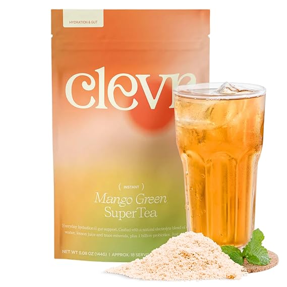 Clevr Mango Green Tea GLP-1 Friendly Electrolytes Hydration Drink Mix No Added Sugar Coconut Water with Lemon Juice, Trace Minerals & Gut Supporting Probiotics Low Caffeine SuperTea 18 Servings