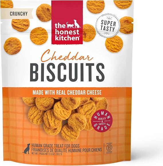 The Honest Kitchen Cheddar Biscuits Dog Treats, Human Grade Crunchy Dog Treats Made with Real Cheese, Savory Training Rewards for Dogs, Made in USA, 3.5 oz Pouch