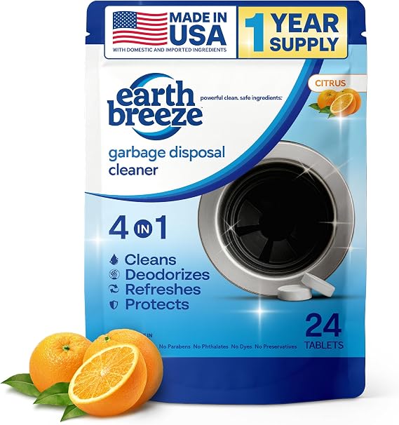 Earth Breeze Garbage Disposal Cleaner Tablets 4-in-1 Citrus Scented | Clean, Deodorize, Refresh & Protect Powerful Cleaning Action for Sink & Disposal No Harsh Chemicals - Made in USA