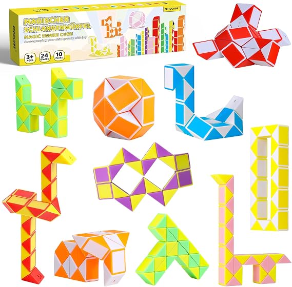 Magic Snake Cube 10 Pack 24 Blocks Snake Speed Cube Party Bag Filler Twist Snake Puzzle Toy Party Gifts for Kids (Random Color)