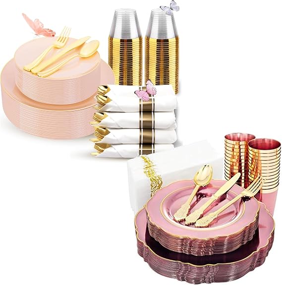 KIRE 210Pcs Clear Pink Plastic Plates with Gold Rim & KIRE 175PCS Pink Plates and Napkins Party Supplies
