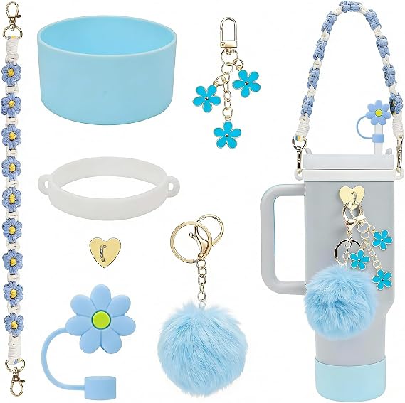 7PCS Stanley Cup Accessories Set for 30oz 40oz Tumbler,Including Silicone Stanley Cup Boot Straw Cover, Round Plush Charm, Water Bottle Handle Strap&Tumbler Charms Decorations (Blue)