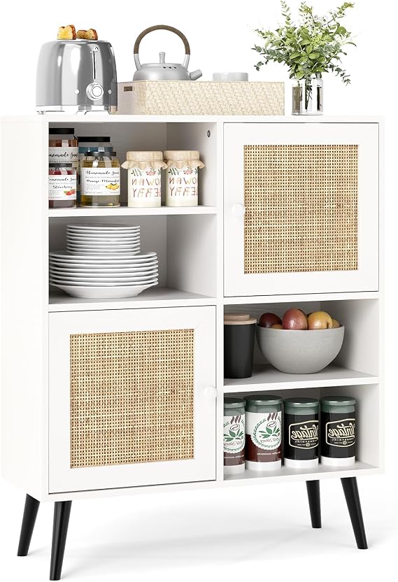 COSTWAY Rattan Storage Cabinet, Wooden Buffet Sideboard with 2 Door, 4 Open Compartments & Anti-toppling Device, Freestanding Display Organiser Cupboard for Kitchen Dining Living Room (White)