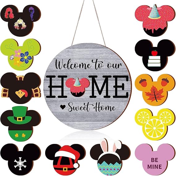 13 Pcs Spring Welcome Sign for Front Door Interchangeable | Mouse Wreaths Rustic Wood Hanging Signs Welcome to Our Home Door Sign Hangers Decor for Housewarming Gifts Outdoor Porch