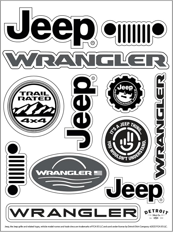 Jeep Wrangler 12-Decal Sticker Sheet | 6"x 8" Durable Vinyl Stickers | Weatherproof UV-Resistant, Easy Peel-Off Off-Road Graphics