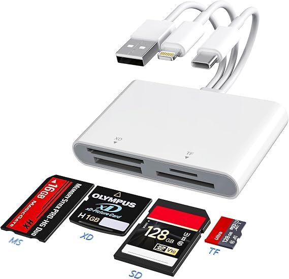 Memory Stick Pro Duo Adapter - XD Picture Card Reader for iPhone/USB C/A, 4 in 1 SD/TF/MS/XD Card Reader Adapter Sony Cybershot Card Reader Support iPhone 17/16/15/14/13/12/11/iPad/PC/Android/Laptop