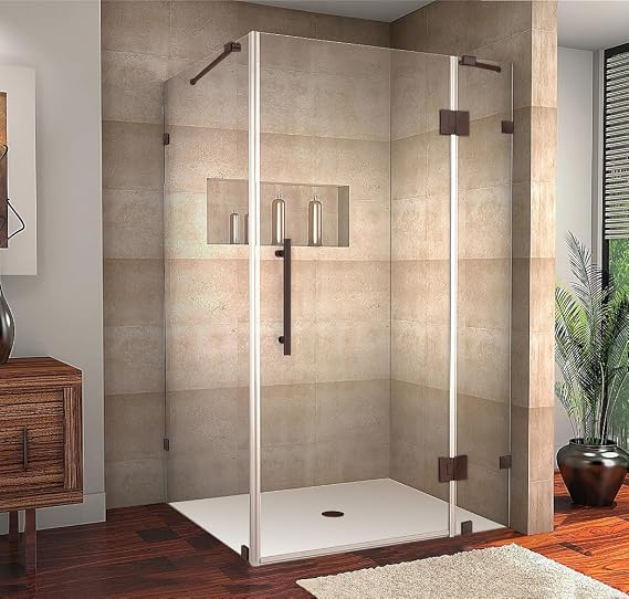 Avalux 46 in. W x 34 in. D x 72 in. H Rectangular Pivot Frameless Corner Shower Enclosure in Bronze with Clear Glass
