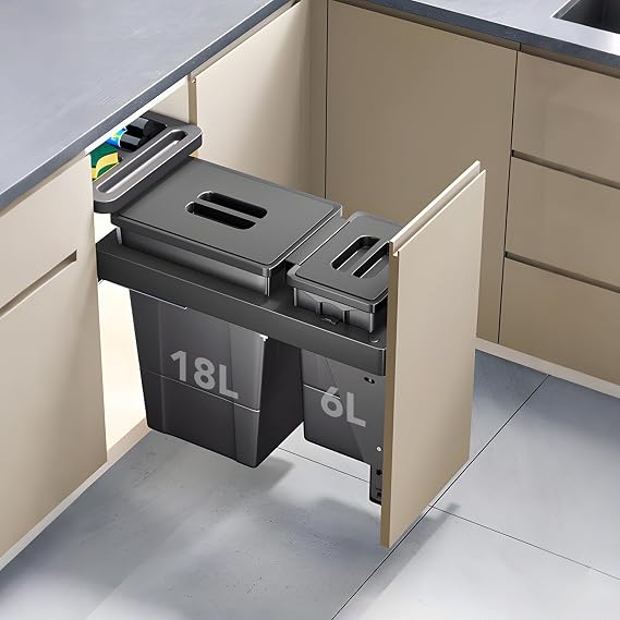 Pull Out Trash Can under Cabinet, Under Sink Trash Can Pull Out for Kitchen, Under Cabinet Trash Can with Soft-Close Sliders, Lid and Top Storage Tray, Grey ABS Plastic