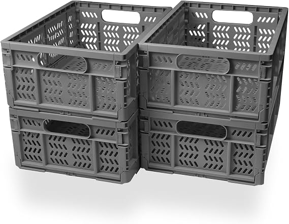 4-Pack Plastic Storage Crates,20L Foldable Baskets,Collapsible Crates, Baskets and Bins for Toys, Home Storage, Office Products, Gifts, Easter Eggs (Grey)