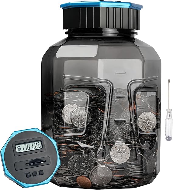 X-Large Piggy Bank for Adults Kids, Digital Coin Counting Bank LCD Counter | Vcertcpl 2.4L Capacity, Great Coin Counter Bank Money Counting Jar with Total Amount Displayed, Bank for All US Coins Gray2