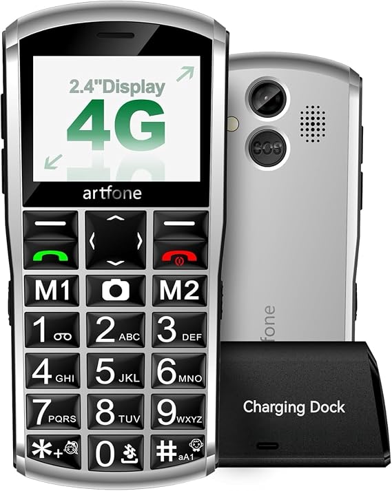 artfone A400 Big Button Cell Phone for Seniors, 4G LTE Unlocked Phones, SOS Button, 2MP Camera, Charging Dock, 3 Slots, Speed Dial, Volume Boost, Large Fonts, Voice Time, Dumb Phone, 1800mAh, Silver