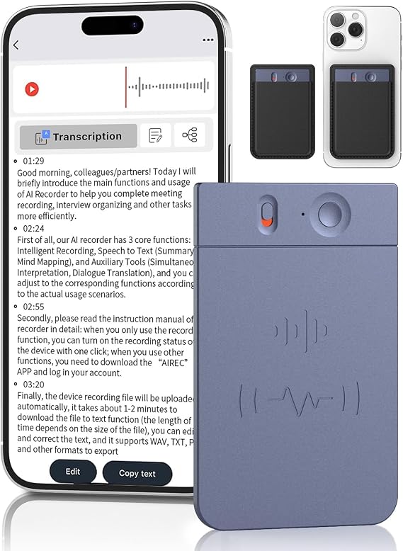 AI Voice Recorder, 64GB Audio Note Recorder with Transcribe&Summarize Free 1200 min of Transcription, App Control, Supports 112 Languages, Magnetic Case for Lectures Meetings Calls