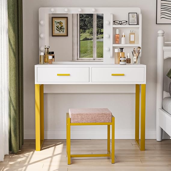 Semiocthome Makeup Vanity Desk with Mirror and Lights, Vanity Table with Shelves, 2 Drawers and Metal Frame, Dressing Table with Chair for Bedroom - White