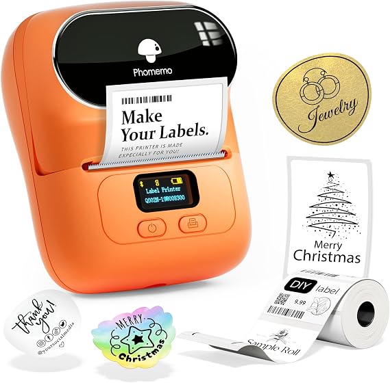 Phomemo M110 Label Maker, 2 Inch Label Printer for Phone and PC, Bluetooth Sticker Label Maker Machine for Home, Office, Address, Barcode, With 100 Labels, Orange