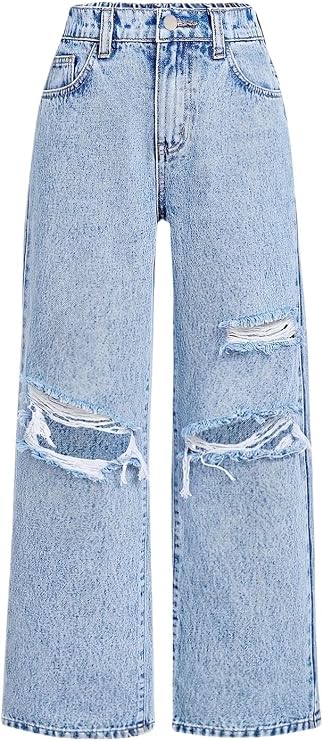 oyyniis Baggy Jeans for Girls Wide Leg Ripped High Elastic Waisted Denim Pants Cute Summer Trousers Y2K Streetwear 7-14Y