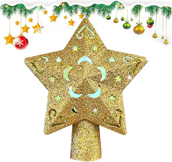 Christmas Tree Toppers Pentagram Santa Topper, Built-in LED Rotating Lights