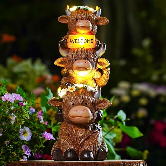 twinbling Garden Highland Cow Statue Solar Outdoor Decor | Flower Decoration Funny Triple Highland Cow Decor Birthday Gifts for Women Mom Figurine for Yard Garden Patio Lawn Ornaments