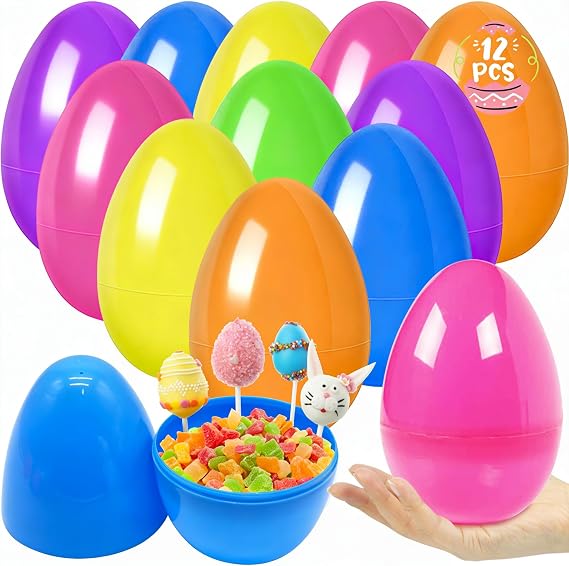 LUKBERA 12Pcs Jumbo Plastic Bright Easter Eggs, 6 Fillable Assorted Solid Colors Empty Surprise Eggs for Easter Eggs Hunt Easter Basket Stuffers Fillers Classroom Treats