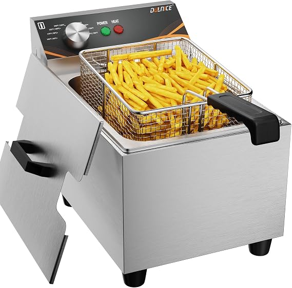 Commercial Deep Fryer, 8L 1500W Electric Deep Fryer w/Basket & Lid Stainless Steel Deep Fat Fryer Countertop w/Temperature Control French Fries Oil Fryer for Restaurant Kitchen, Silver, HK-8L