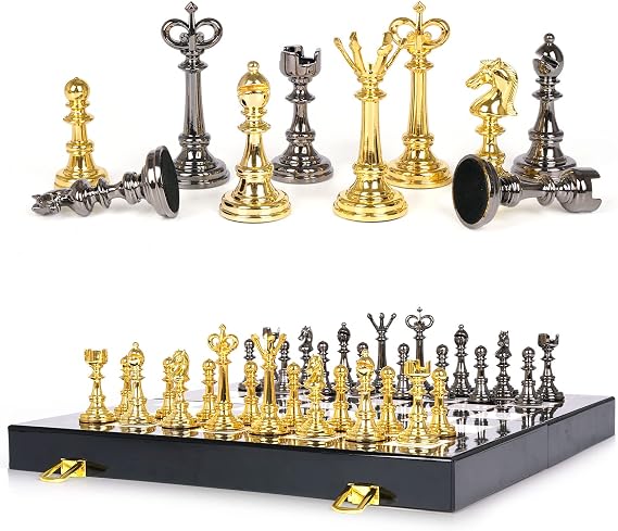 Kvintes Metal Chess Set and Checkers Game Set 15 inch(2 in 1) Chess Board Games for Adults Metal Chess Pieces & Portable Folding Wooden Chess Board Travel Chess Sets Chess Pieces with Storage Box