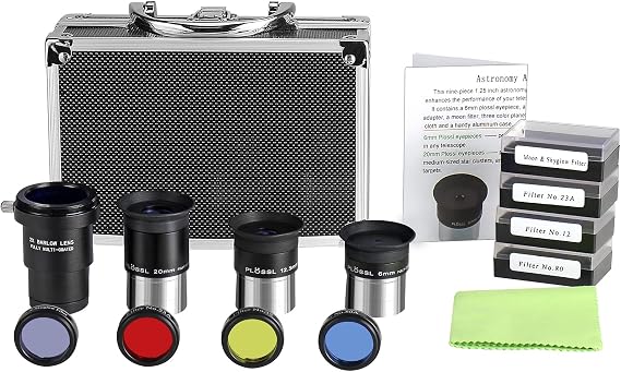 1.25 Inch Astronomical Telescope Accessory Set with Carry Case - Telescope Plossl Eyepiece Set, Filter Set, 2X Barlow Lens