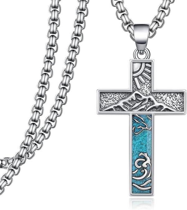 Turquoise Necklace 925 Sterling Silver Western Cross Pendant Necklaces Vintage Turquoise Jewelry for Men Native American Jewelry Gifts