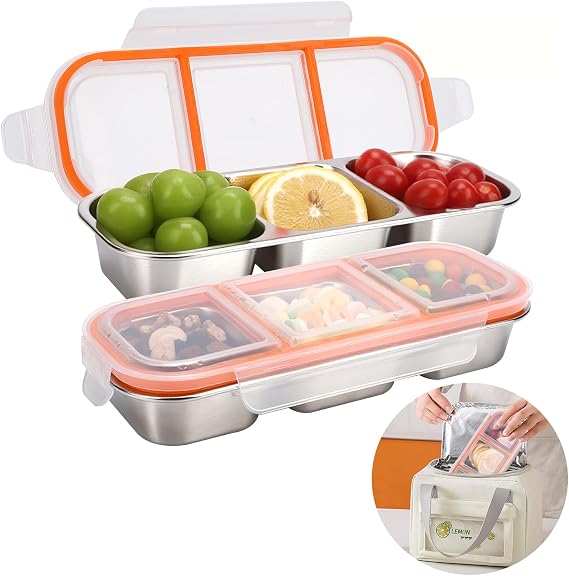 Stainless Steel Snack Containers 2 Pack, Reusable Metal Snack Box Containers with Lids, 3 Compartment Leakproof Snack Prep Containers for Kids, Adult, Home, Travel - BPA Free