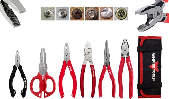 VAMPLIERS 6-PC Stripped Screw Extractor Pliers & Scissors Set with Pouch | Made in Japan 5 Mini, 6.25 Multipurpose, 7 Slip Joint, 7.5 Long Nose, 8 Linesman, 4in1 Combo Scissors & Tool Pouch