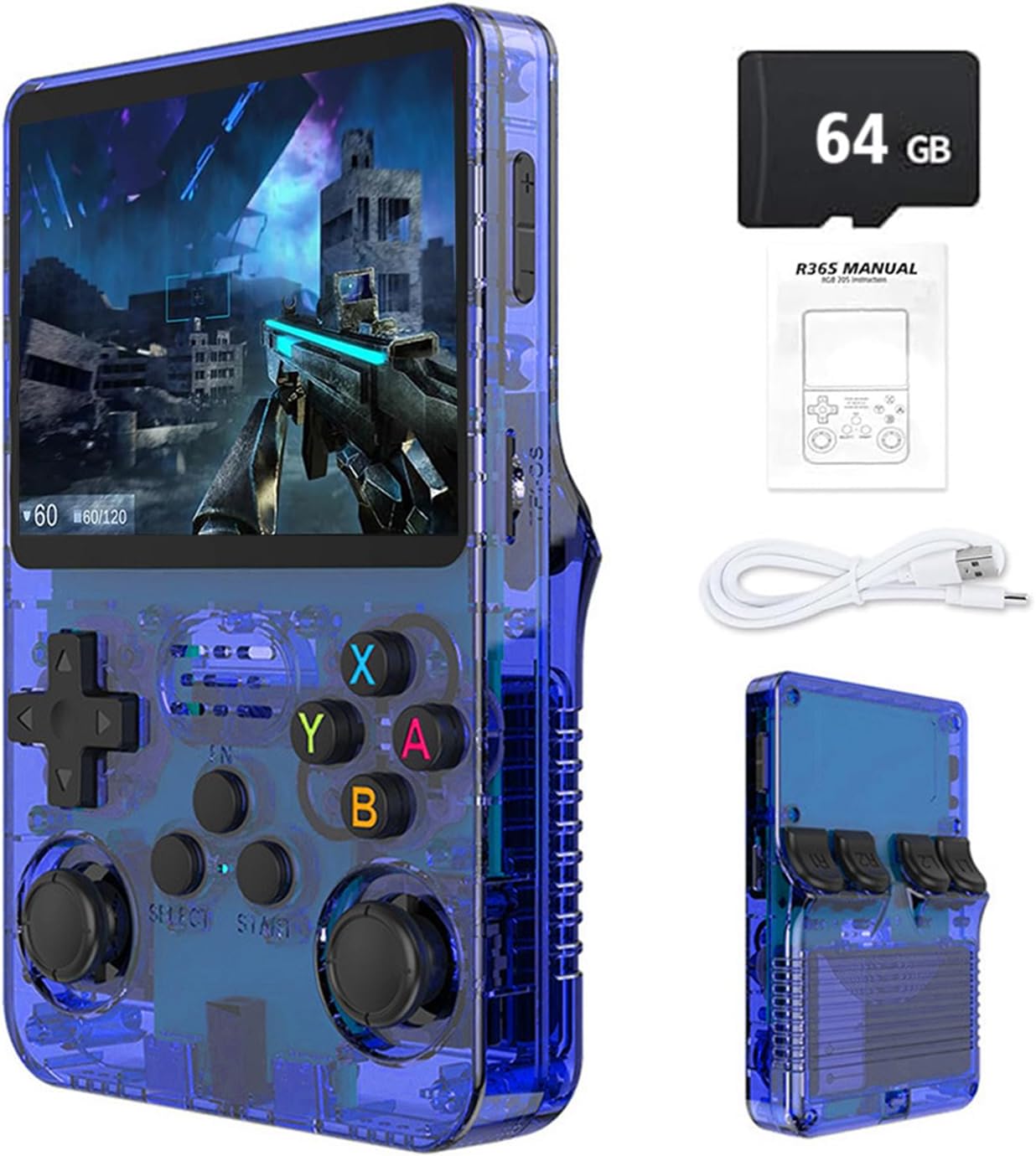 R36S Retro Handheld Game Console with 3.5" IPS Display, 64128GB and 21,000 Classic Games, Open Source Linux System, Screen Portable Pocket Video Player Blue-64G