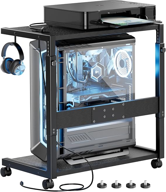 JANE EYRE Adjustable Gaming Computer Tower Stand: 15-Level Height | CPU Holder Cart With Rolling Wheels & Power Outlet Ergonomic Sit to Stand Switch for Home Office