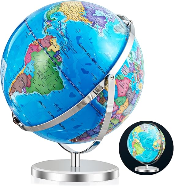 LDAILY Illuminated World Globe with Stable Stand Base, Educational Interactive Clear Map and Built-in LED Night Light, 720 Rotating Light up Globe for Children, Adults, Classroom, Home & Office Desk