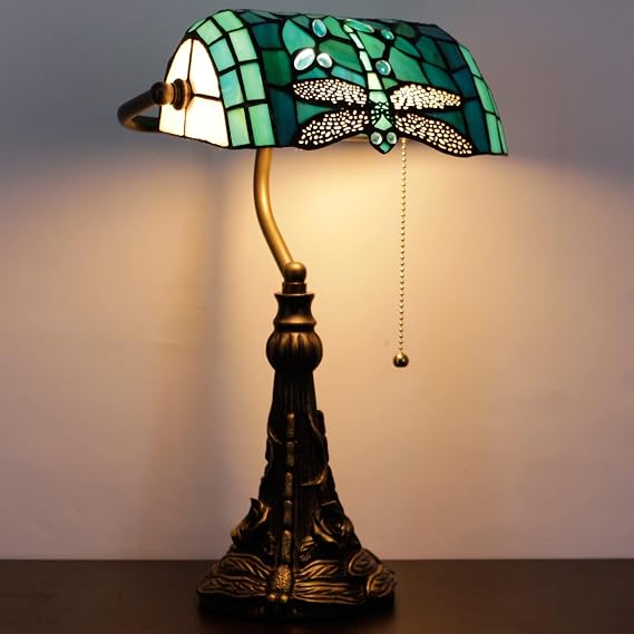 Tiffany Banker Lamp Small Stained Glass Table Lamp Tiffany Style Piano Light Green Dragonfly Style Desk Lamp Angle Adjustable 10.6X15.7Inch for Home Office Living Room Bedroom