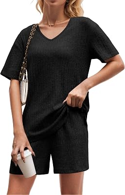 QIXING Pajamas 2 Piece Lounge Sets Ribbed Knit Matching Outfits Knitted Shorts Sleepwear Loungewear Pj Set Black-S, Small