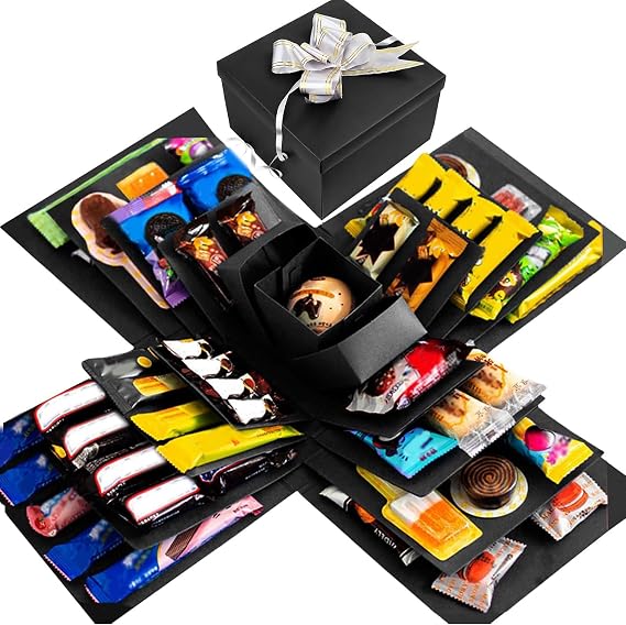 DIY Explosion Gift Box, 5 Layer Snack Surprise Gift Box Explosion with Tape and Ribbon, Scrapbooking Gift Boxes, Photo Album, Photo Gifts, for Anniversary Festival Record Memories (Black)