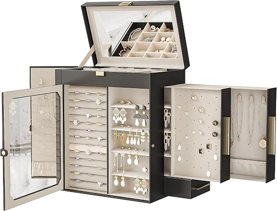 HOOBRO Jewelry Box with Mirror, Travel Jewelry Organizer with Glass Window, Jewelry Storage Case, Vertical Storage, Gift for Loved Ones, for Earrings, Rings, Necklaces, Bracelets, Black BK03JB04G2