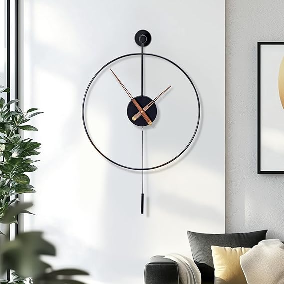 Large Wall Clock 19.6"/50cm with Pendulum, Silent Non-Ticking Metal Decorative Clock for Home & Office (Black 50CM)