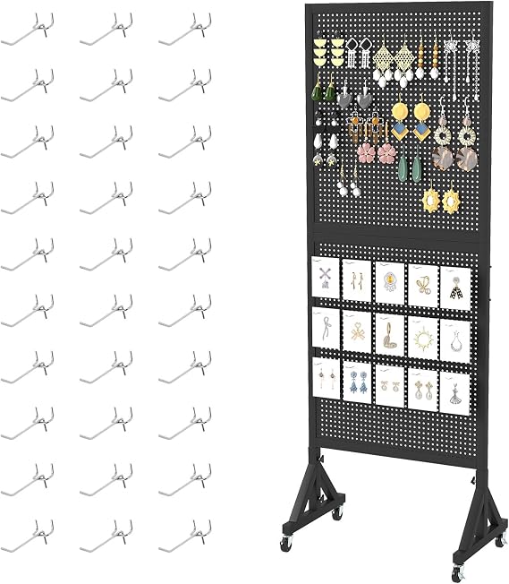 tonchean Floor Standing Pegboard Panels Display Stand with Wheels | Heavy Duty Peg Board Display Stand with 30 Hooks, Metal Tool Pegboard Black for Garage, Retail Shops, Workshops, Craft Shows