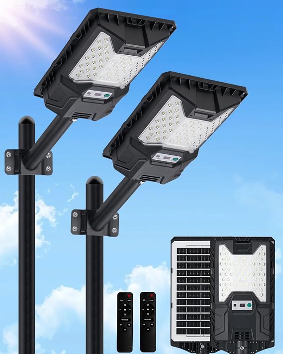 2-Pack Solar Street Lights Outdoor, 6500K Solar Lights Outdoor with 57 5054 Chips, Remote & Motion Sensor, 5500mAh 8W Panel IP66, 240 Wide Angle Dusk to Dawn Floodlight for Yard & Garage