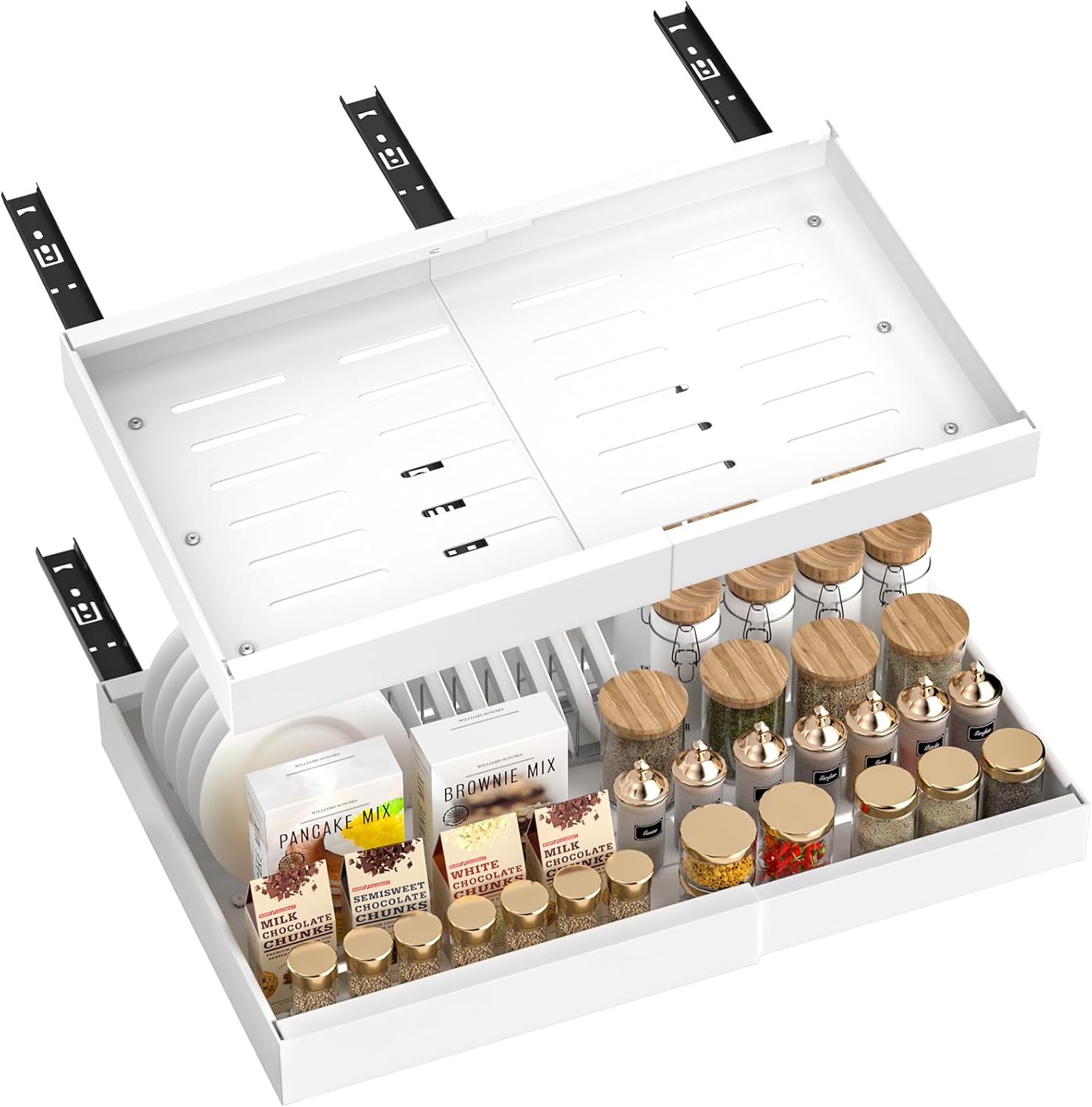 BLYLUND Pull Out Cabinet Organiser Kitchen Storage Extendable Slide Out Pantry Drawer Shelves Adjustable Width with Adhesive Film for Cupboard Bathroom No Need Drill Sliding Organizer White 1 Pack