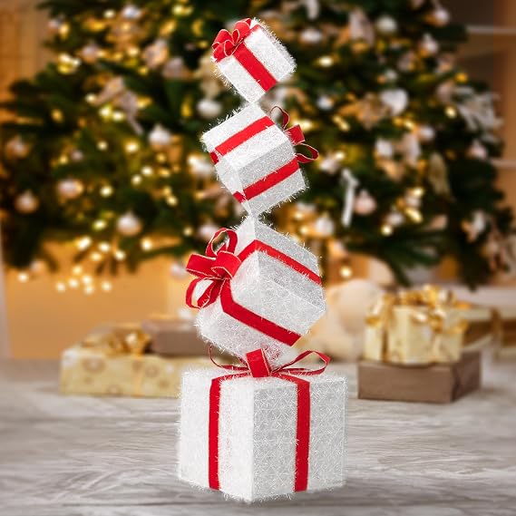 3 FT Lighted Gift Boxes Tower, 80 Warm White LED Lights | Pre-Lit Stacked Present Boxes with Stakes for Xmas Indoor, Porch, Lawn and Yard Decor