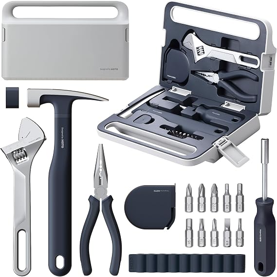 HOTO Manual Screwdriver Tool Kit | Hand Screwdriver Tool Kit, Includes Screwdriver/10 S2-Steel Bits/Spanner/Hammer/Plier/Tape Measure, Hidden Buckle Design