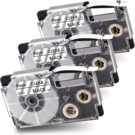 Pristar Compatible for Casio XR-9X XR-9X2S XR9X XR9X2S Clear Label Tape | Work for Casio KL-120 KL-60 KL-100 KL-750 KL-780 KL-820 KL-7200 Label Maker, 9mm (3/8") x 8m (26'), Black on Clear, 3-Pack