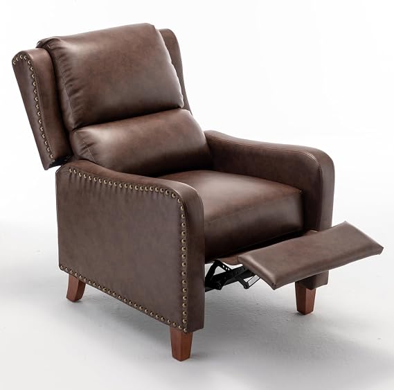Push Back Recliner Chair, Faux Leather Upholstered Armchair 105-135 Degree Adjustable, Retro Accent Chair with Footrest for Living Room Bedroom - Brown