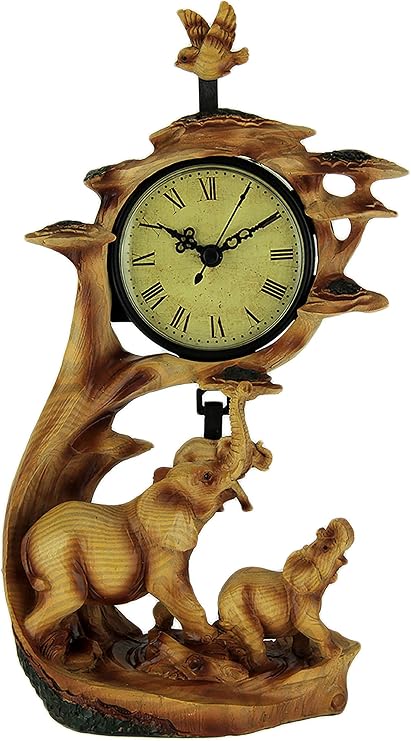 Everspring Elephant Family On Safari Carved Wood Look Clock Figurine