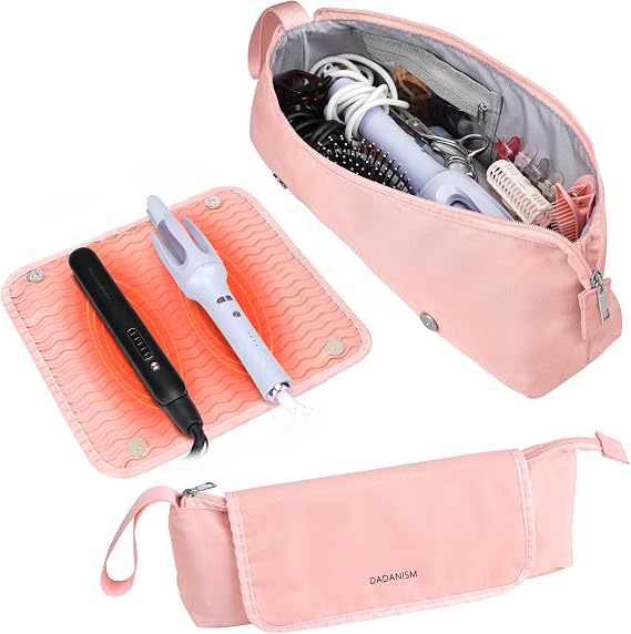 Dadanism Hair Tools Travel Bag with Heat Resistant Mat Removable, Pink