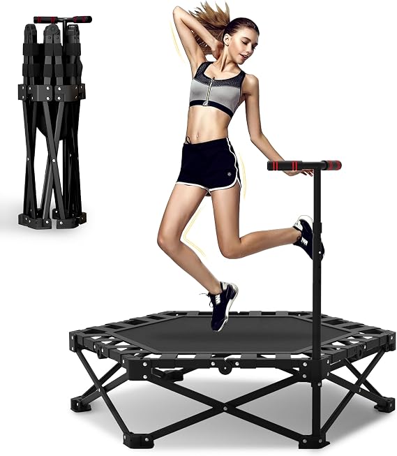Foldable Mini Rebounder Trampoline, 42" Foldable Fitness Trampolines, Home Fitness Trampoline for Adults, Rebounder with Adjustable Foam Handle Indoor/Outdoor Body Exercise 450LBS Capacity