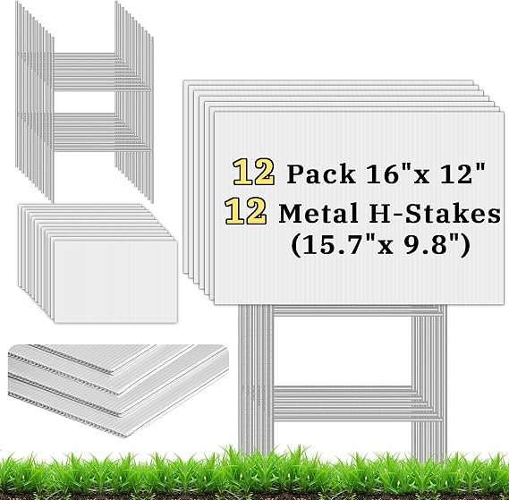 Blank Yard Signs with Stakes,12 Pack 16 x 12" White Yard Sign Corrugated Plastic for Yard Sale Signs Outdoor,Birthday Party,Garage Sale,Guidepost Decorations,Rent,Arrow