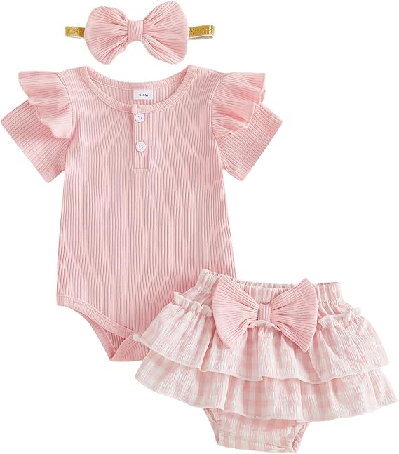 Newborn Baby Girl Summer Clothes Short Sleeve Ribbed Knitted Shirt Romper Top and Shorts Set with Layered Skirt Headband Bodysuits Outfits 3 Pcs