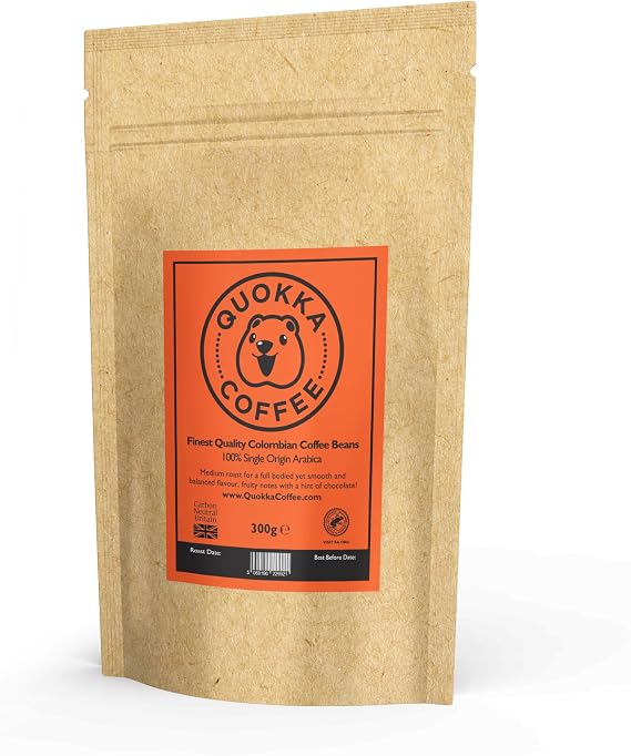 Quokka Coffee Whole Bean Coffee 300g – 100% Colombian Arabica, Medium Roast Speciality Coffee Beans, Rainforest Alliance Certified, Carbon Neutral, Single Origin (300g, Colombian)